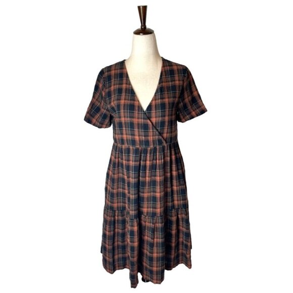 Madewell Orange And Black Plaid Faux Wrap Short Sleeve Tiered‎ Mini Dress XXS - Picture 2 of 12